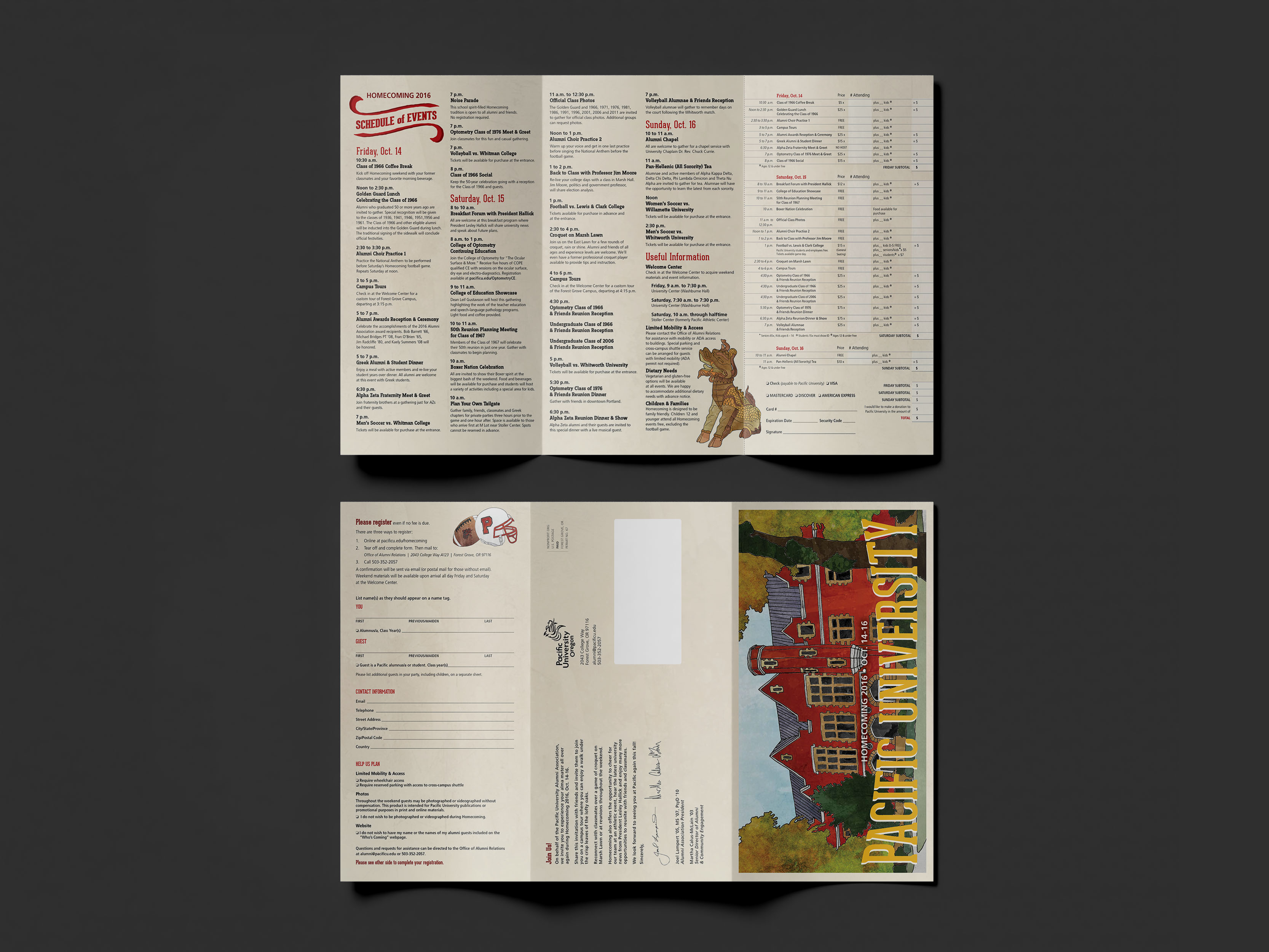Tri-fold self-mailing registration brochure for Pacific University Homecoming. The cover features a watercolor illustration of Marsh Hall.