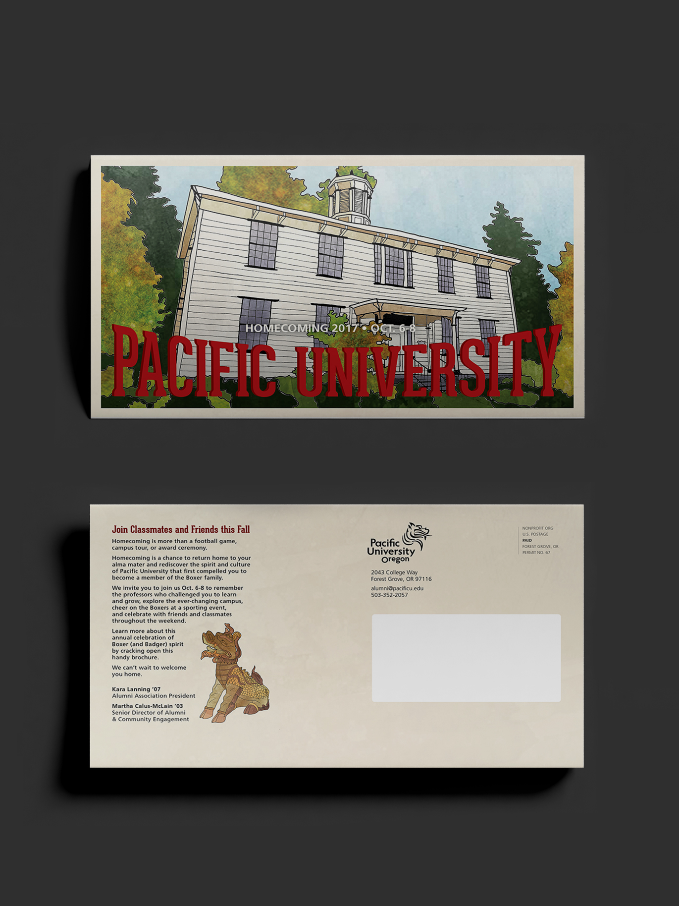 Homecoming registration brochure from the following year, featuring a watercolor illustration of Old College Hall on the cover.