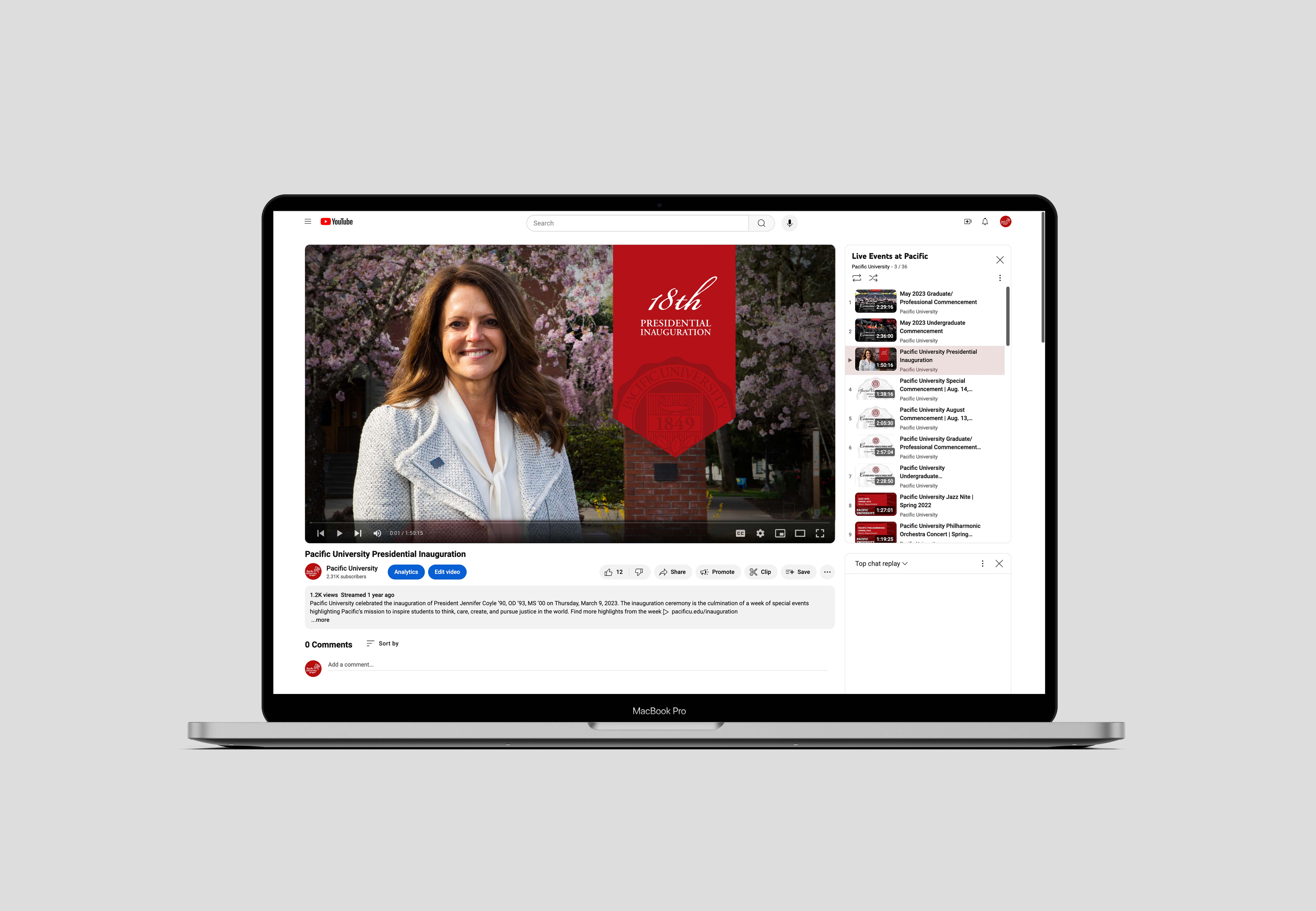 Mock-up of a laptop displaying the Pacific University YouTube page with a thumbnail designed for the inauguration. The video is a live stream of the inauguration event.
