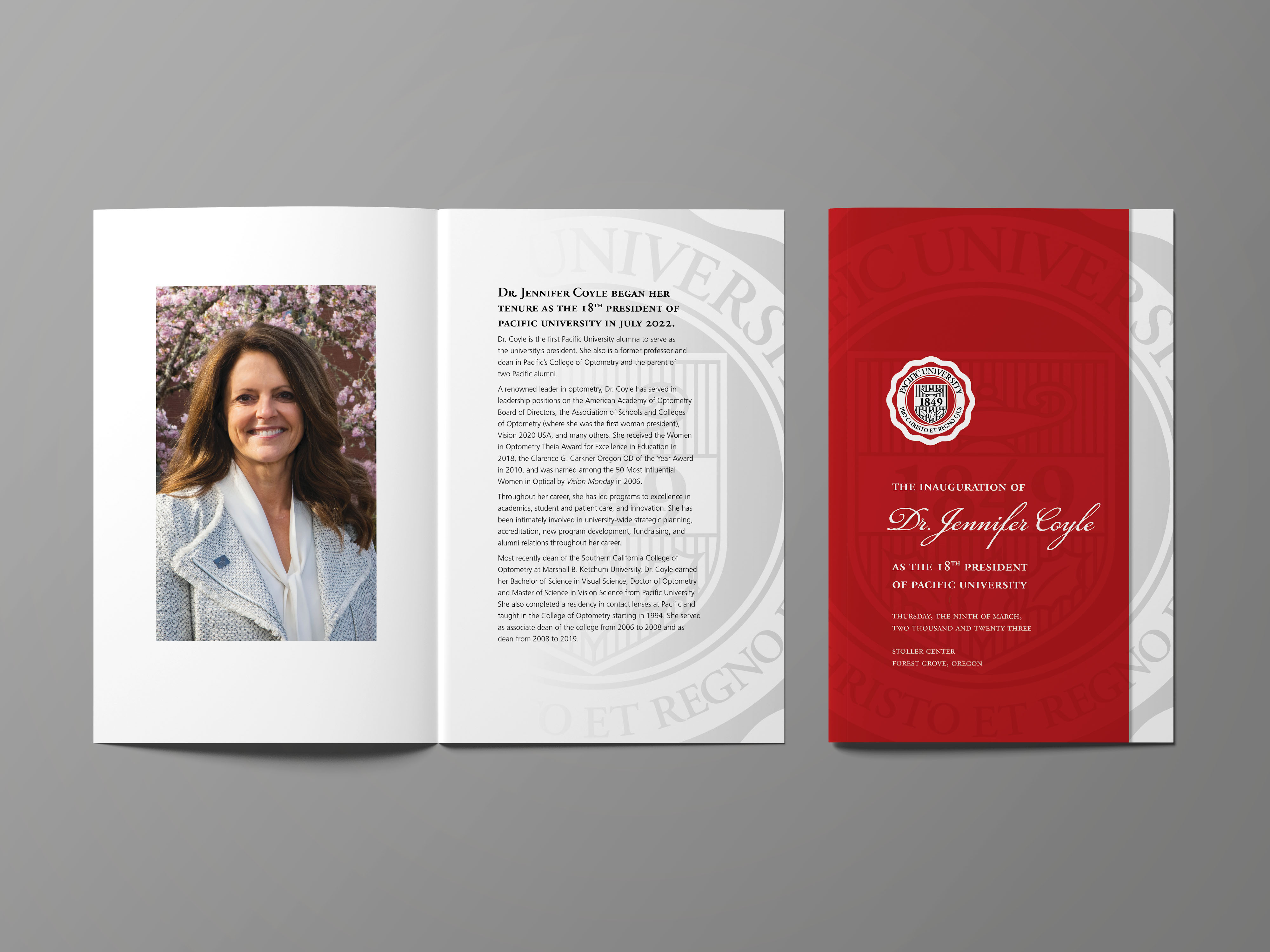 Print program for the inauguration event, inside spread. The left page features a photo of Jenny Coyle, and the right page contains her bio. The image also includes the cover of the program.