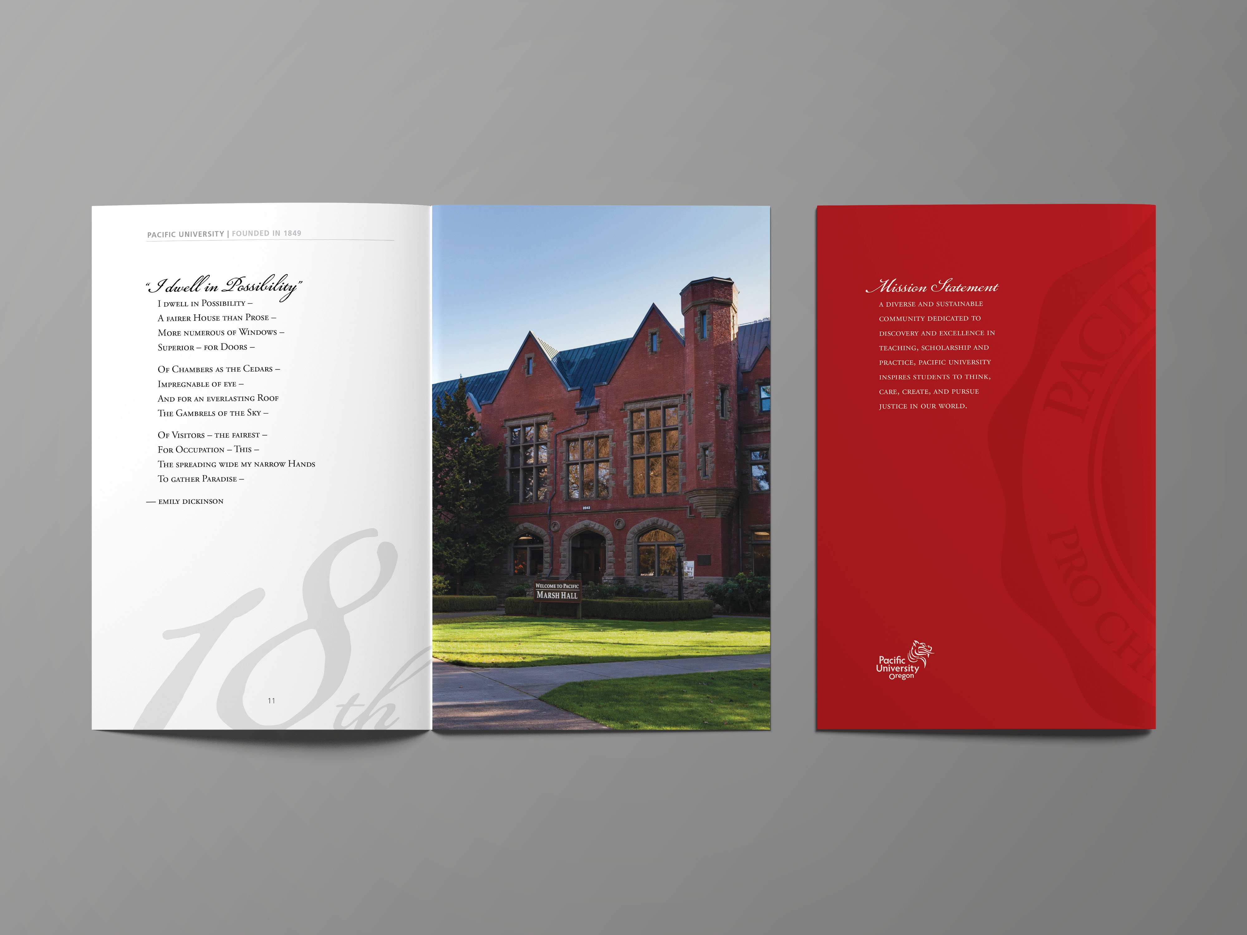 Print program for the inauguration event, showing an additional inside spread. The left page features the theme and favorite poem of Jenny Coyle, 'I Dwell in Possibility.' The right page shows a campus photo of Marsh Hall. The image also includes the program's back cover design.