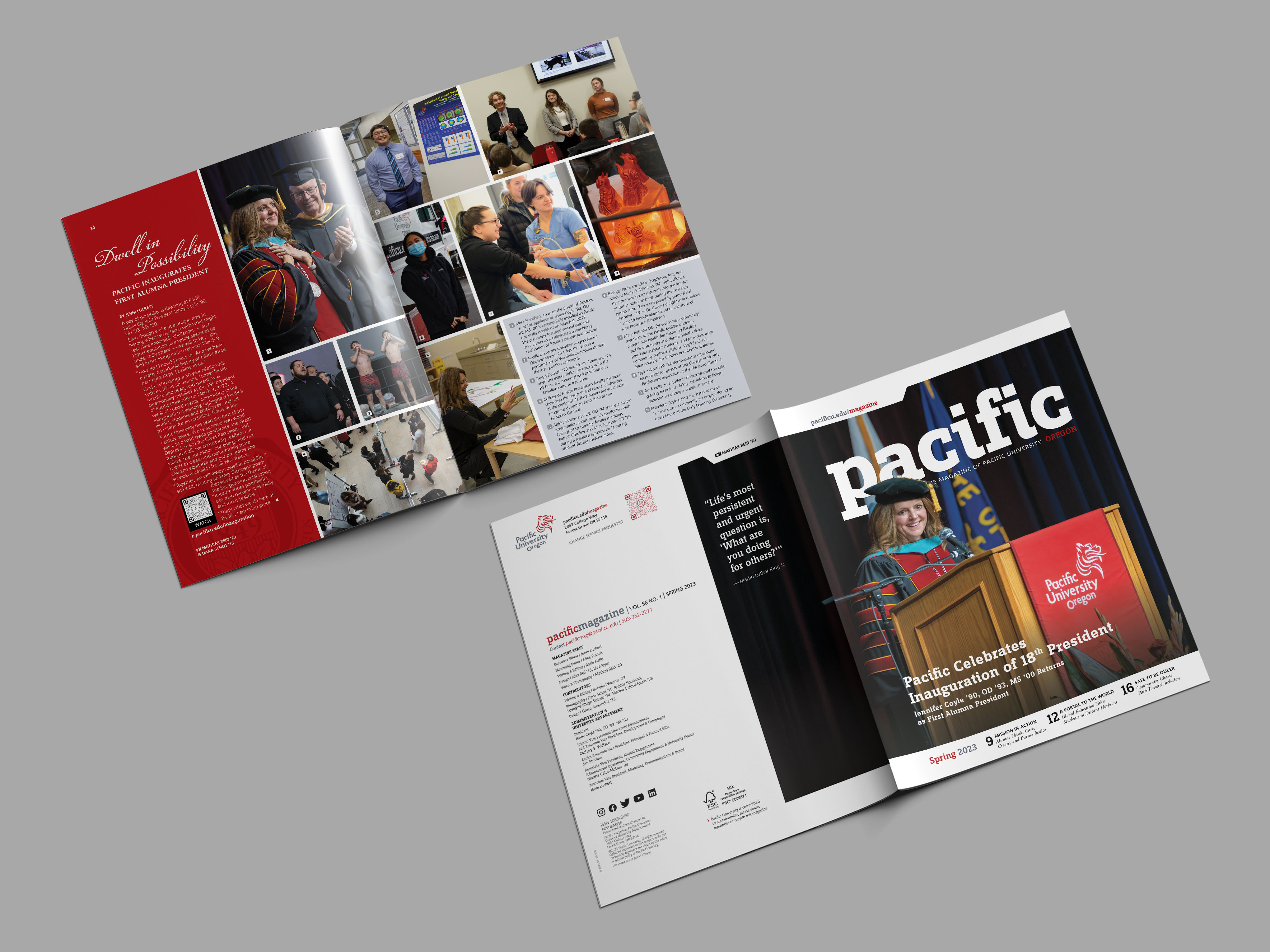 Pacific magazine inauguration coverage, featuring Jenny Coyle on the cover with coverage of her inauguration. The photo essay spread highlights events from inauguration week.