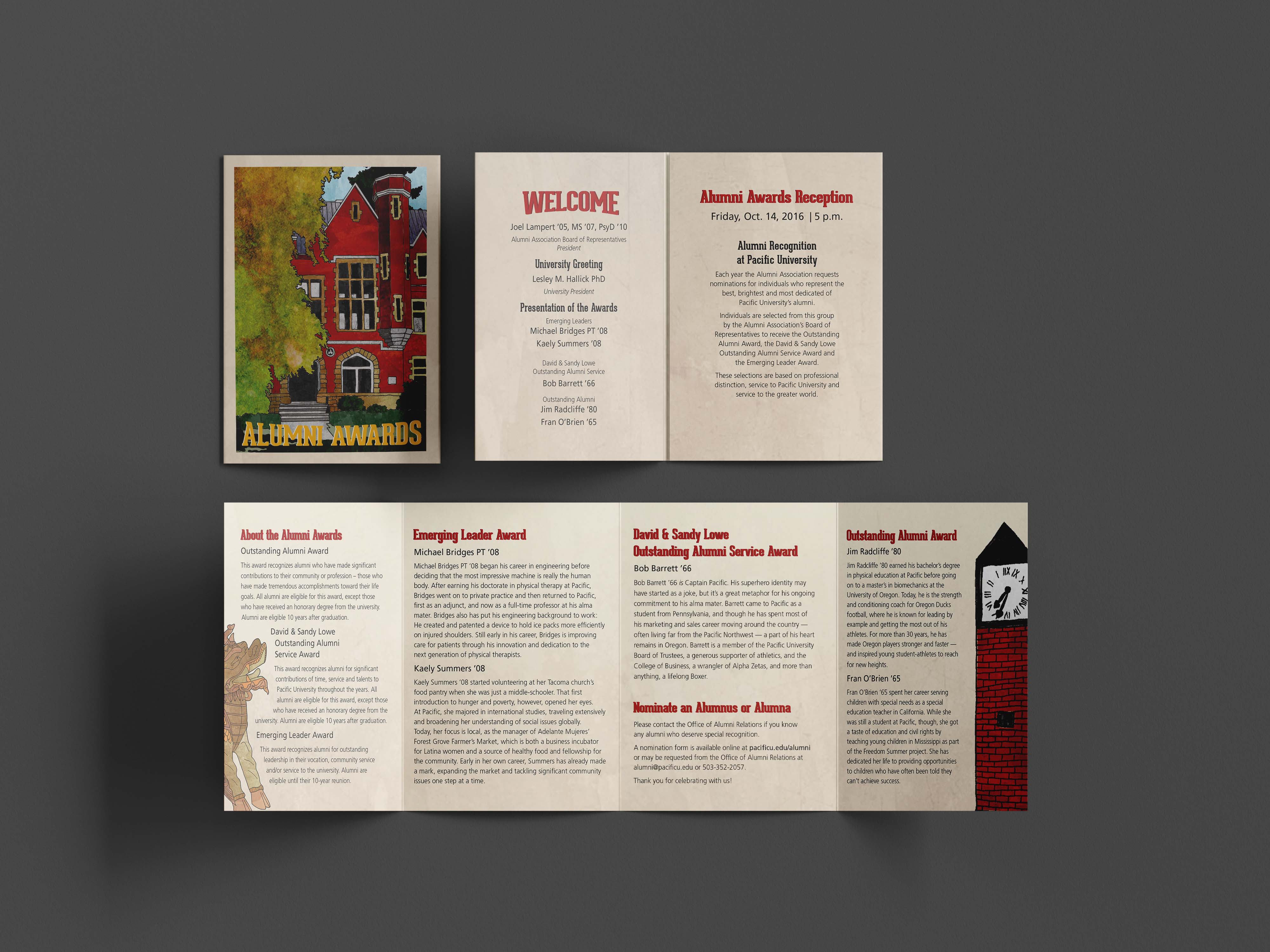 Flatlay of a double gate fold alumni award program. The watercolor illustrations include a vertical illustration of Marsh Hall on the front cover, along with images of the Boxer Statue and Trombley Clock.