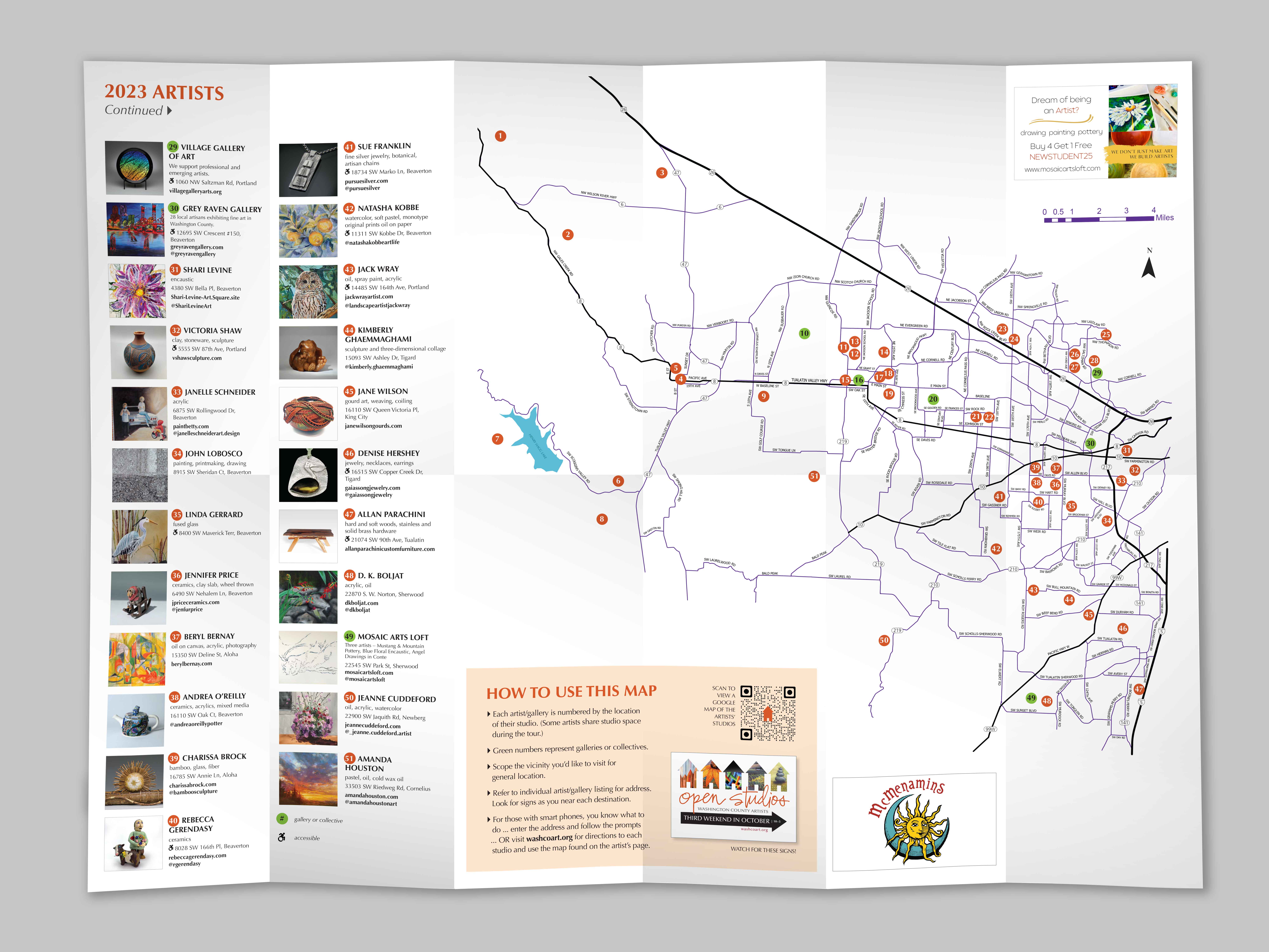 Brochure fully opened, displaying the complete artist listing, a map of Washington County, Oregon, showing the locations of all participating artists, and sponsor advertisements.