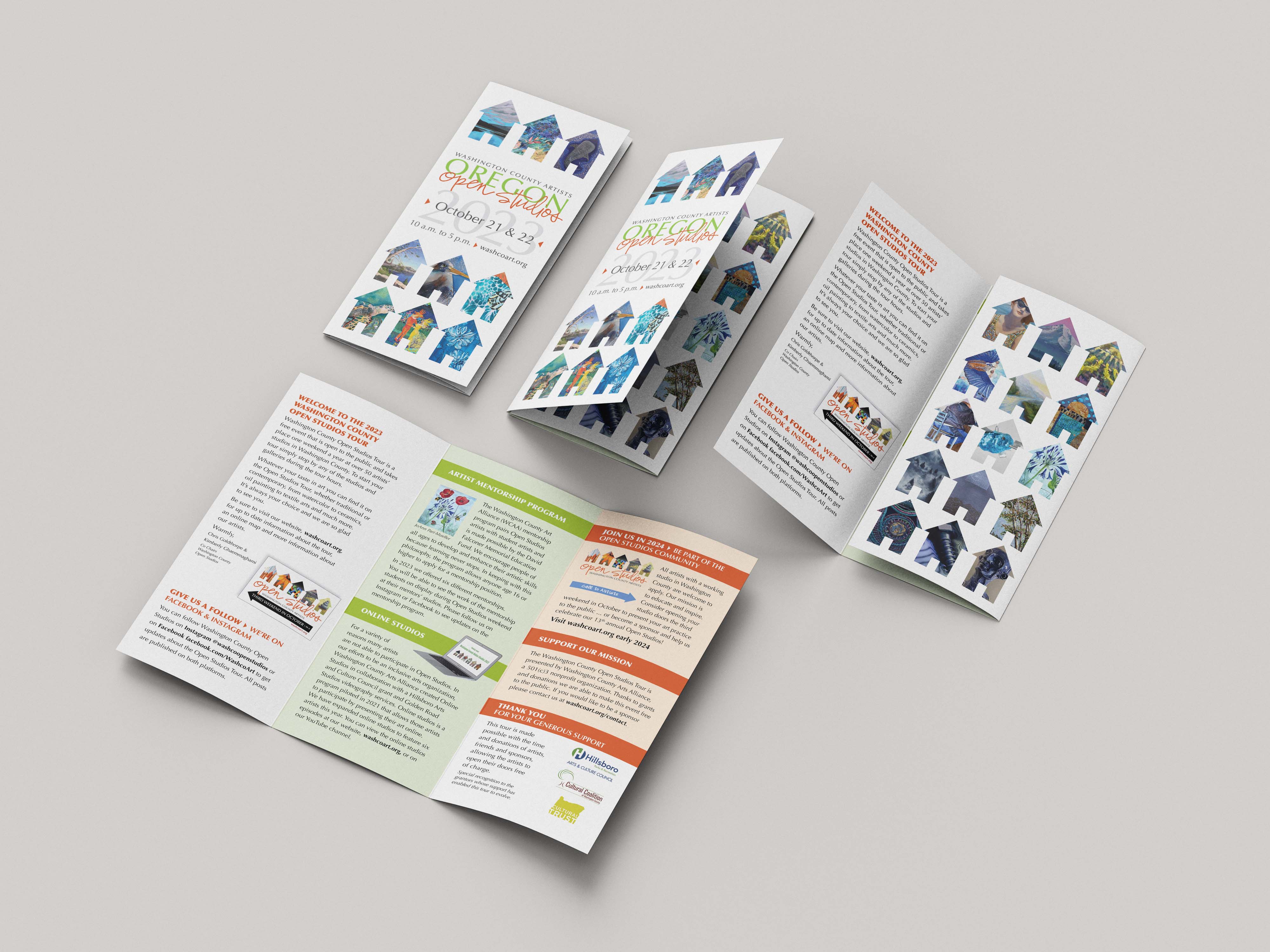 Brochure for the Washington County Open Studios Tour. The trifold brochure cover and inside three panels display information on the Washington County Art Alliance, the tour, the mentorship program, acknowledgments to grantors, and details on how to participate in the following year.