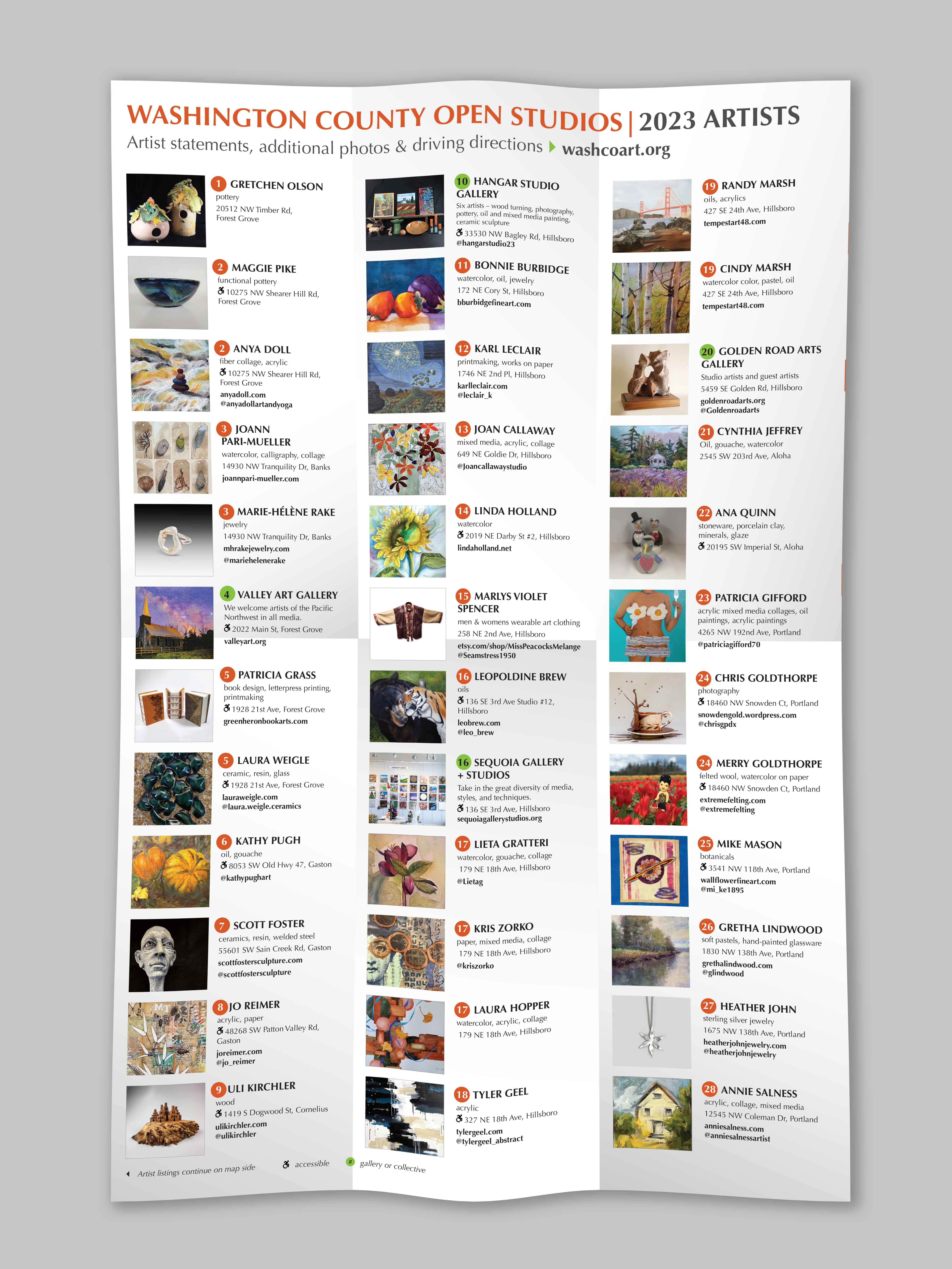 Inside of the map-guide brochure listing the first several artists participating in the tour.